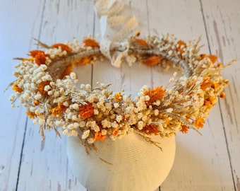 Orange Dried Flower Crown,Bridesmaid Hair Crown,Autumn Wedding Wreath,Bridal Shower flower,Girl Child Flower Crown,Boho Wedding Gift