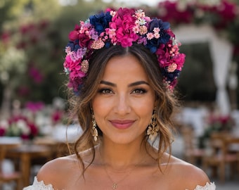 Mexican Flower Crown,Folk Wedding Headpiece, Fuchsia Navy Floral Crown, Frida Inspired Bridal Halo