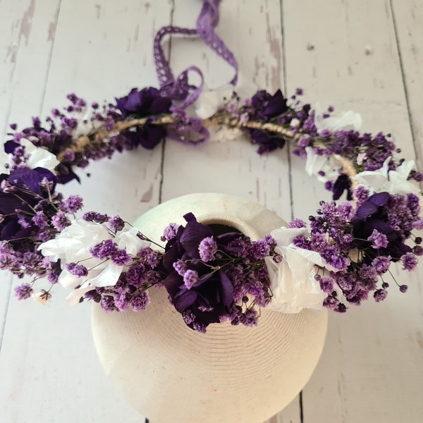 Dark Purple dried flower crown,Autumn Flower Crown,Purple Bridal Crown,Girl Child Crown,Rustic Wedding Wreath,Dark Purple Hair Wreath