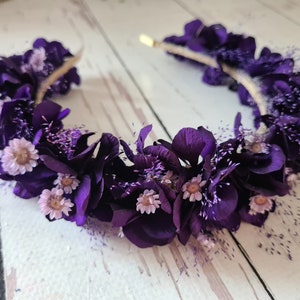 Eggplant Purple Hydrangea Dry Flower Headband,Bridal Purple headpiece,Dark Purple FlowerCrown,Dried Flower Headband,Bridesmaid Flower Gift