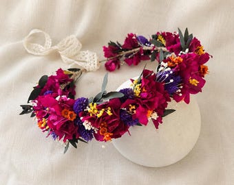 Colorful Boho Flower Crown:Dark Fuchsia Floral Hair Wreath,Festival Headpiece