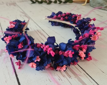 Bandeau de fleurs sèches d'hortensia bleu foncé et rose, casque de mariée rose, couronne de fleurs sèches bleues, bandeau de fleurs séchées, cadeau de fleurs de demoiselle d'honneur