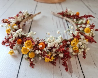 Boho burnt orange dried flower crown,Boho Flower Headband,Bridesmaid Flower Gift,Bride Hair headband,Autumn Bridal Crown,Girl Child Headband