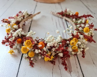 Couronne de fleurs séchées orange brûlé bohème, bandeau de fleurs bohèmes, cadeau de fleurs de demoiselle d'honneur, bandeau de cheveux de mariée, couronne de mariée automne, bandeau fille enfant