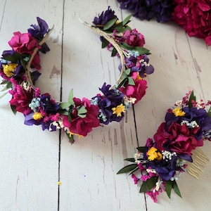 Purple And Magenta Hydrangea Dry Flower Headband,Fall bridal headband,Autumn Dry Flowers Crown,Dried Flower Headband,Bridesmaid flower gift