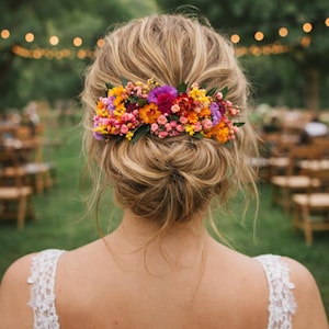 May include: A woman's updo hairstyle decorated with a colourful floral crown. The crown includes orange, yellow, pink, and purple flowers. The hairstyle is set against a blurred outdoor background, possibly a wedding or special occasion.