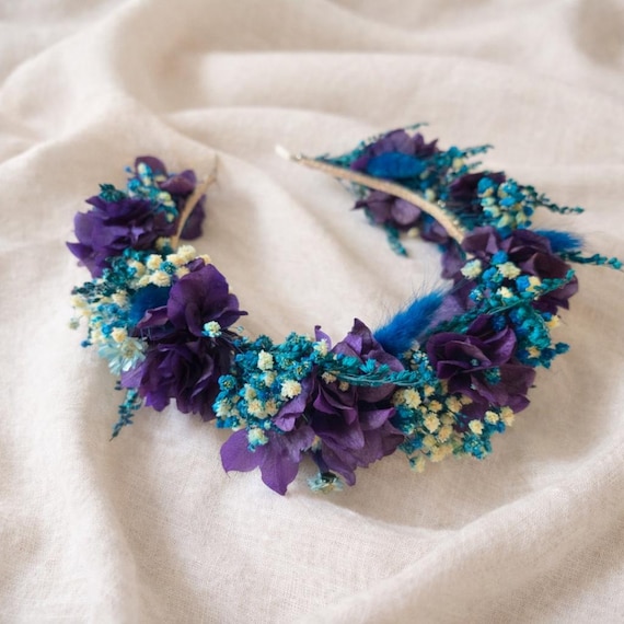 Purple Blue Rustic Flower Crown: Autumn Bridal Hair Wreath  display picture 1