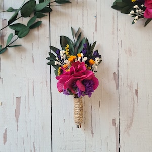 Mini Dried Flower Bouquet, Bohemian Dried Flower Bouquet.Rustic preserved flowers boutoniere,boutonniere for men,Fuchsia flower boutonniere