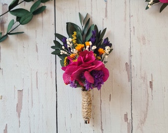 Mini Dried Flower Bouquet, Bohemian Dried Flower Bouquet.Rustic preserved flowers boutoniere,boutonniere for men,Fuchsia flower boutonniere