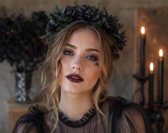 Halloween Flower Crown,Black Dried Floral headpiece: Gothic Bridal Hair Headband