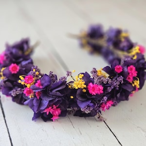 Eggplant Purple Hydrangea Dry Flower Headband,Bridal Purple headpiece,Pink Dry Flowers Crown,Dried Flower Headband,Bridesmaid Flower Gift