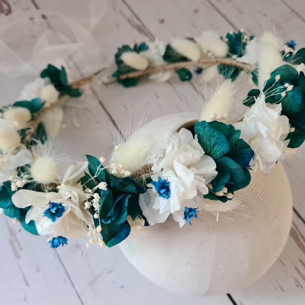 Blue Dried Flower Crown,Bridesmaid Hair Crown,Rustic Wedding Wreath,Engagement Crown,Bridal Shower Flower,Children Flower Crown