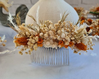 Burnt Orange Dried Flower Comb,Bridesmaid Hair Comb,Rustic Wedding Wreath,Terracotta Wedding  Comb,Summer Wedding Comb,Boho Wedding Gift