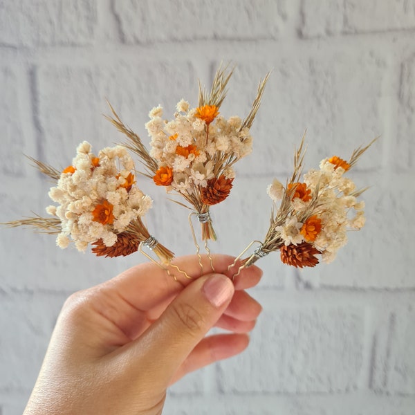 Boho getrocknete Blumen Haarnadeln, Boho Gypsophila Haarspangen für die Braut, Herbst Blumen Haarnadeln, Gebrannte Orange Hochzeit Blumenhaarnadeln,