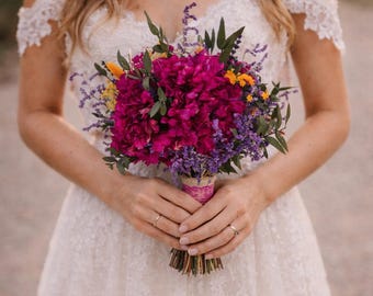 Magenta Hydrangea Dried Flower Bridal Bouquet: Rustic Wedding Set,