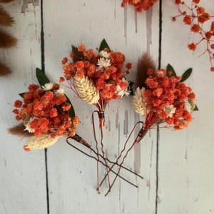 Burnt Orange Dried flowers hair pins,Autumn Flower hair pins, Wedding flower hair clips,Fall Wedding hair pins,