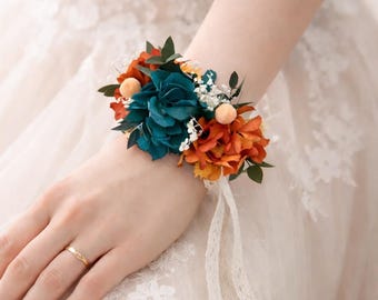 Teal & Burnt Orange Floral Wrist Corsage, Bridesmaid Flower Set