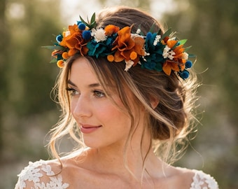 Boho Teal Orange Flower Crown:Rustic Autumn Bridal Headpiece,woodland Fall Hair Wreath