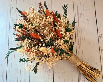 Orange Dried Flower Wedding Bouquet: Rustic Fall Bridal Arrangement