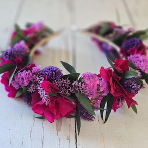 Purple and Pink Dried Flower Headband,Bridesmaid Flower headband,Autum Dry flower Hair Headband,Meadow flower headband,Boho Bridal Crown