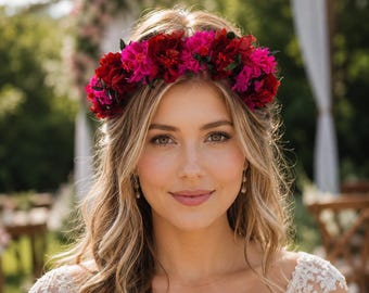 Burgundy & Fuchsia Flower Crown – Rustic Wedding Crown for Bride, Boho Floral Headpiece, Garden Wedding Accessory