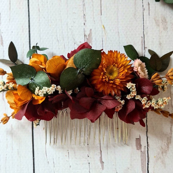 Verbrande oranje gedroogde bloem kam, bruidsmeisje haar kam, verloving kam, Boho huwelijksgeschenk, bruid haartoebehoren, herfst bruiloft kam