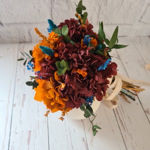 Dried flower bridal Bouquet,Stabilized hydrangea and dried eucalyptus Bouquets,Boho Wedding Bouquets, Darkred and orange Bridal bouquet