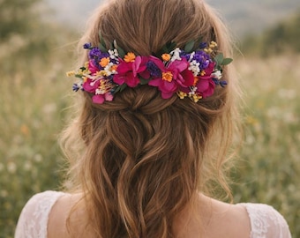 Boho Wildflower Bridal Hair Comb Set, Colorful Floral Hair Piece, Folk Bride Wedding Accessory,