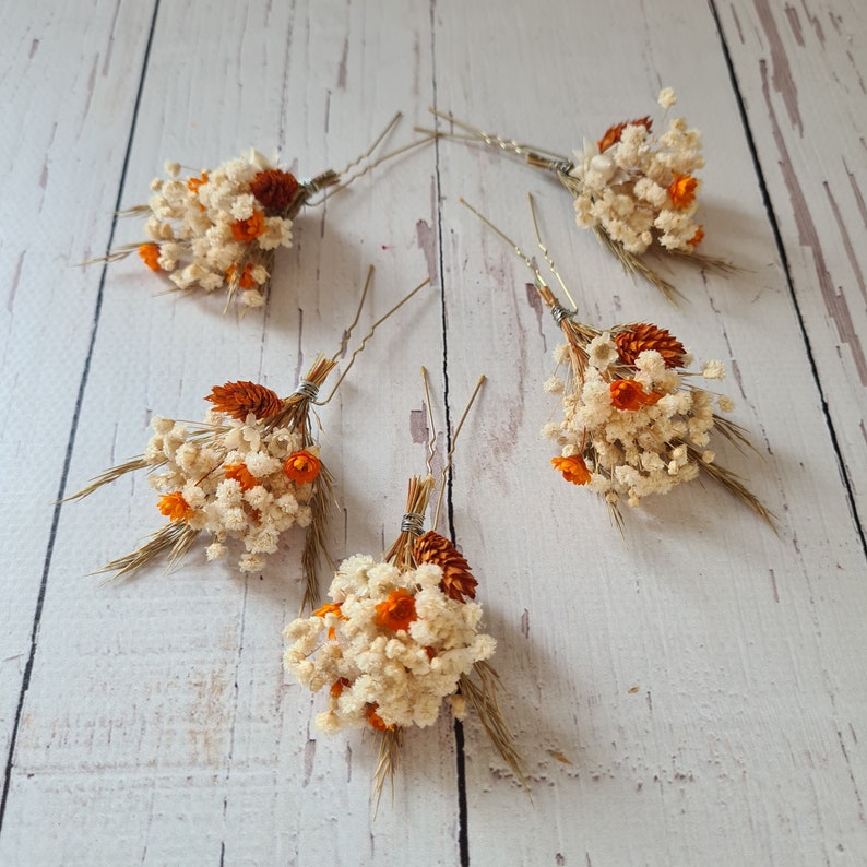 Boho Dried flower hair pins,Boho Gypsophila hair clips for bride, Autumn Flower hair pins,Burnt Orange Wedding flower hair pins, image 7