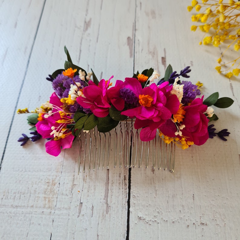 Dark Fuchsia Dried Flower Comb,Bridesmaid Hair Comb,Rustic Wedding Comb,Engagement Comb,Bridal Shower Flower,Girl Child flower comb zdjęcie 3