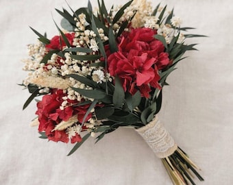 Dark Red Hydrangea Wedding Bouquet: Dried Eucalyptus, Rustic Bridal Arrangement