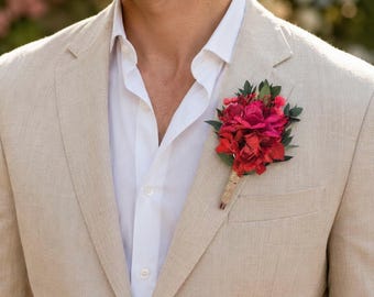 Mexican Wedding Boutonniere, Fuchsia Red Groom Lapel Flower, Preserved Flower Boutonnieres
