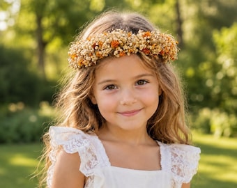 Boho Flower Girl Crown, Burnt Orange Baby's Breath, Rustic Fall Wedding Hair Wreath