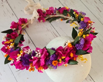 Couronne de fleurs sèches magenta Viva, cadeau de fleurs pour demoiselle d'honneur, couronne de fiançailles, couronne de filles et d'enfants, fleur de douche nuptiale, cadeau de mariage bohème.