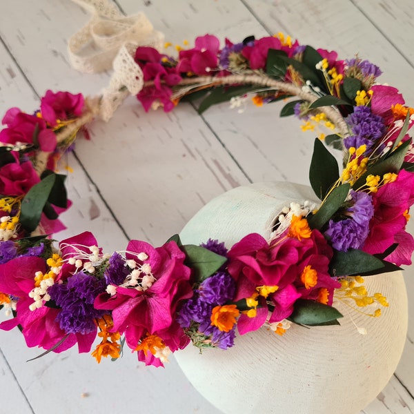 Couronne de fleurs sèches magenta Viva, cadeau de fleurs pour demoiselle d'honneur, couronne de fiançailles, couronne de filles et d'enfants, fleur de douche nuptiale, cadeau de mariage bohème.