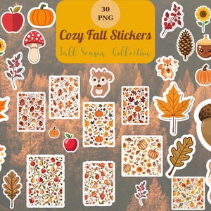 Può includere: Una collezione di adesivi a tema autunnale con zucche, mele, ghiande, funghi e scoiattoli. Gli adesivi includono il testo "Cozy Fall Stickers Fall Season Collection" su sfondo giallo. Gli adesivi sono di varie forme e dimensioni.