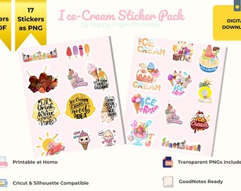 Ice Cream Stickers, Printable Ice Cream, Cute Ice Cream Sticker, Goodnotes Stickers, Summer Stickers, PNG Ice Cream, Digital Stickers