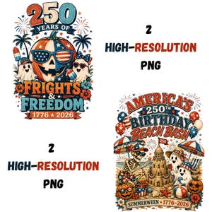 Può includere: Due design grafici digitali con temi patriottici. Il primo mostra una zucca con occhiali da sole con la bandiera americana, fantasmi e il testo 250 YEARS OF FRIGHTS & FREEDOM 1776-2026. Il secondo mostra uno scheletro e fantasmi in spiaggia con il testo AMERICA'S 250TH BIRTHDAY BEACH BASH 1776-2026.