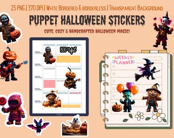 Tiny Puppet Halloween Stickers | Cute Halloween Stickers | Halloween Planner Stickers | Halloween Clipart Bundle | Halloween Cricut PNG