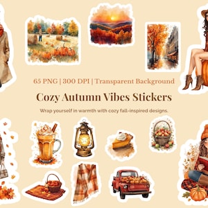 May include: A collection of watercolor stickers with a cozy autumn theme. The stickers feature illustrations of fall scenes, pumpkins, people, and seasonal items. Text on the image reads "Cozy Autumn Vibes Stickers" and "Wrap yourself in warmth with cozy fall-inspired designs."