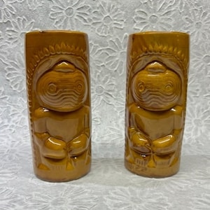Two Tiki mugs, God Guardian mugs,Vintage ceramic, brown paint. Made in China, 6 inches tall,