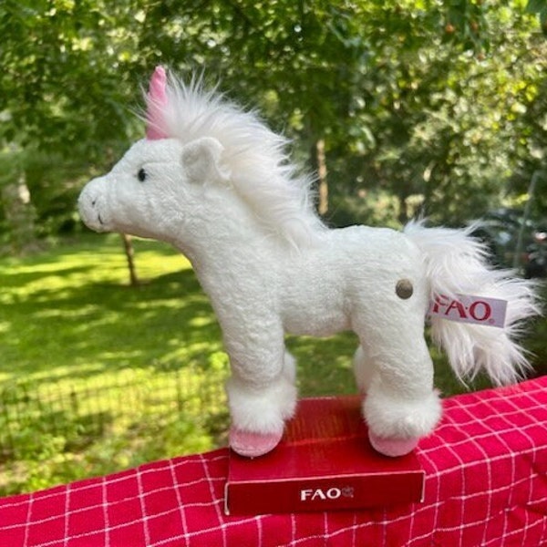 FAO Schwarz Unicorn, 2013, 8 inches, Mint condition, still on cardboard.