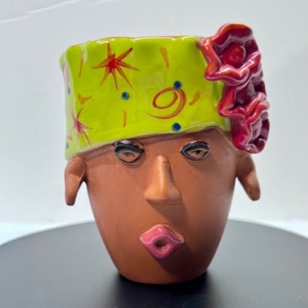 Toniware lady head vase, Made by Bird Brain in 2005, Lol & Friends. Terra cotta