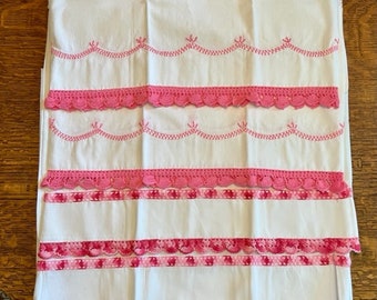 Pink vintage pillow cases, Hand embroidered and crocheted, Standard size