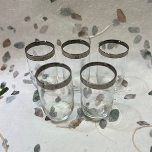 Dorothy Thorpe style 10 oz water glasses, 5 total, Silver rimmed, Vintage 1960&#39;s barware
