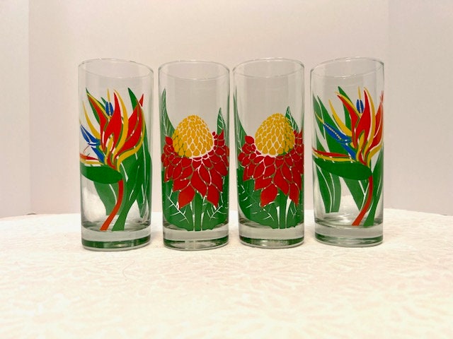 【売り切り御免！】 Drink Hawaiian Vintage Glasses, Flower Hawaiian Oz, 12 コレクション