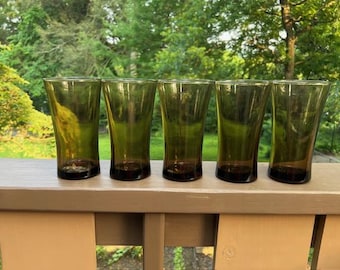 1970's Anchor Hocking Linden  Mocha Brown colored glasses, Flared High ball tumblers. Set of 5, 16 oz,