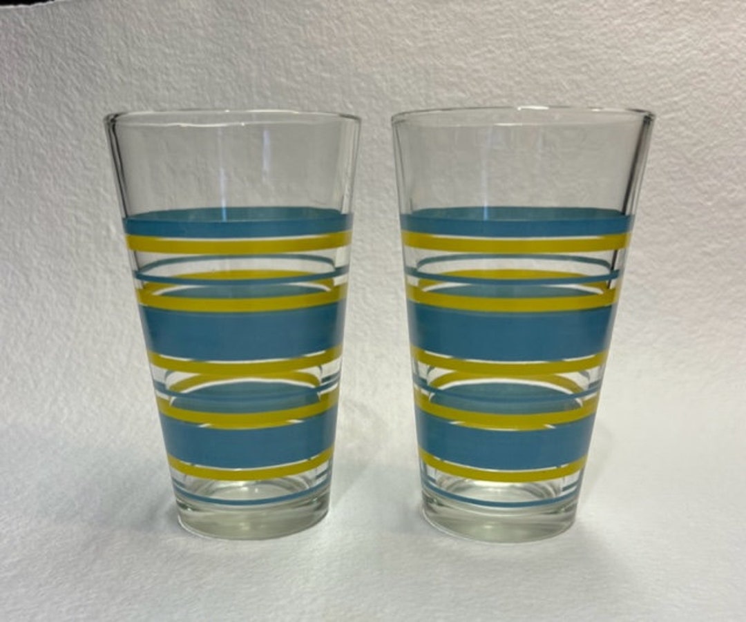 MCM Libby Drinking Glasses, Set of 2, Aqua Blue and Yellow Stripes ...