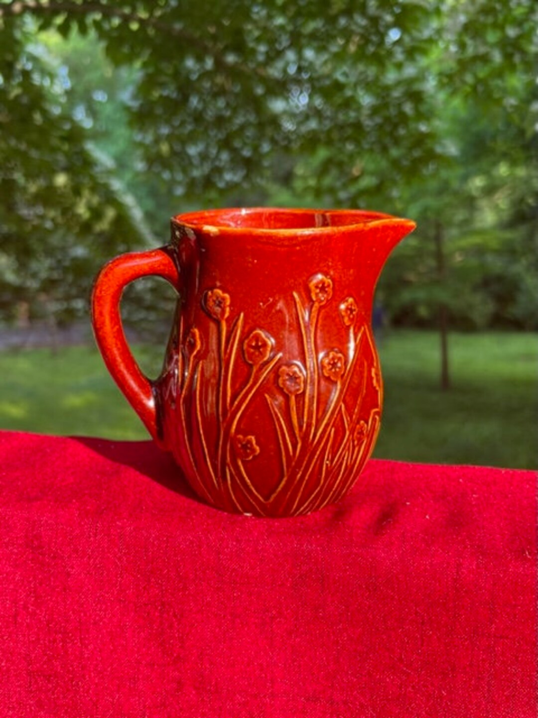 Vintage Brown Pitcher, 4 3/4 Inches Tall, Maple Syrup or Cream, Delicate Floral Design