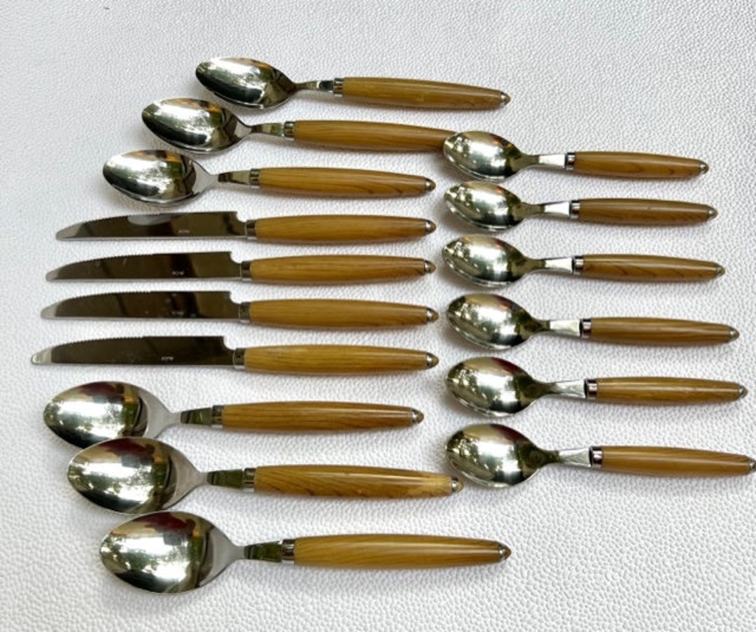 Eme Inox Cutlery Set, 16 Piece, Faux Woodlike Handle, Stainless Steel ...